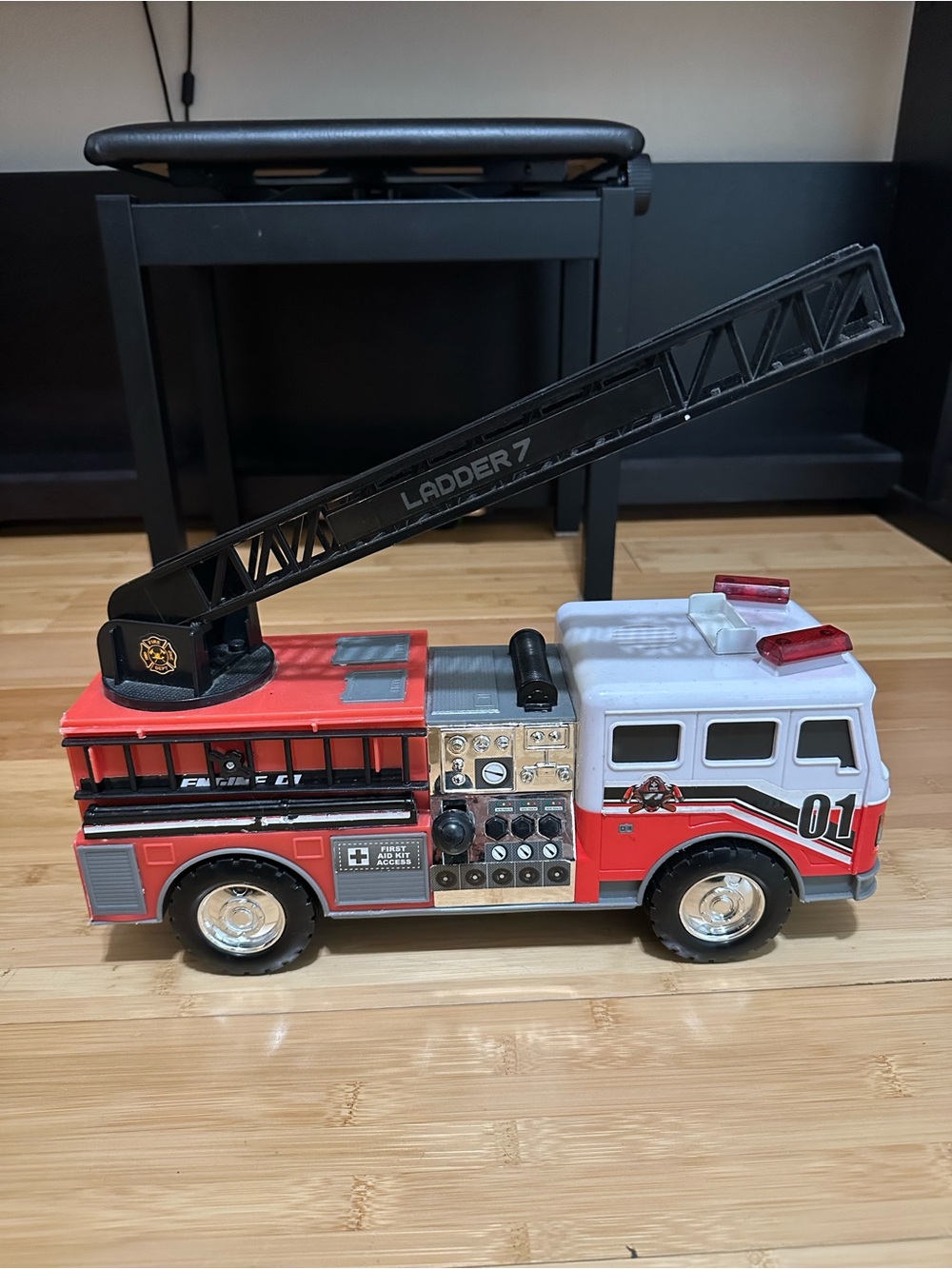 Kids Toy Fire Truck Ladder 15inch long Red and White Rescue,  light sound